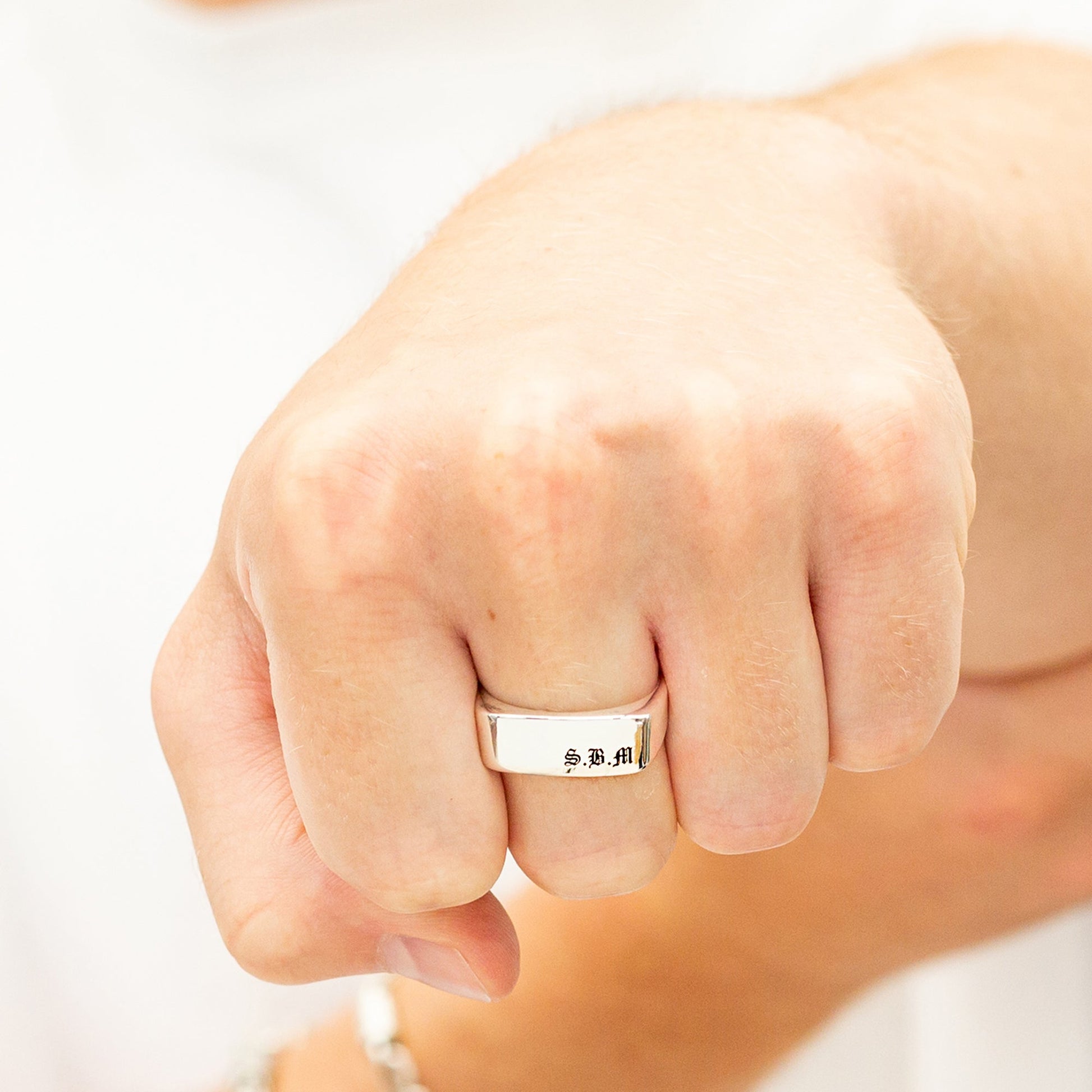 rectangle silver signet ring engraved with old english script initials gift for men