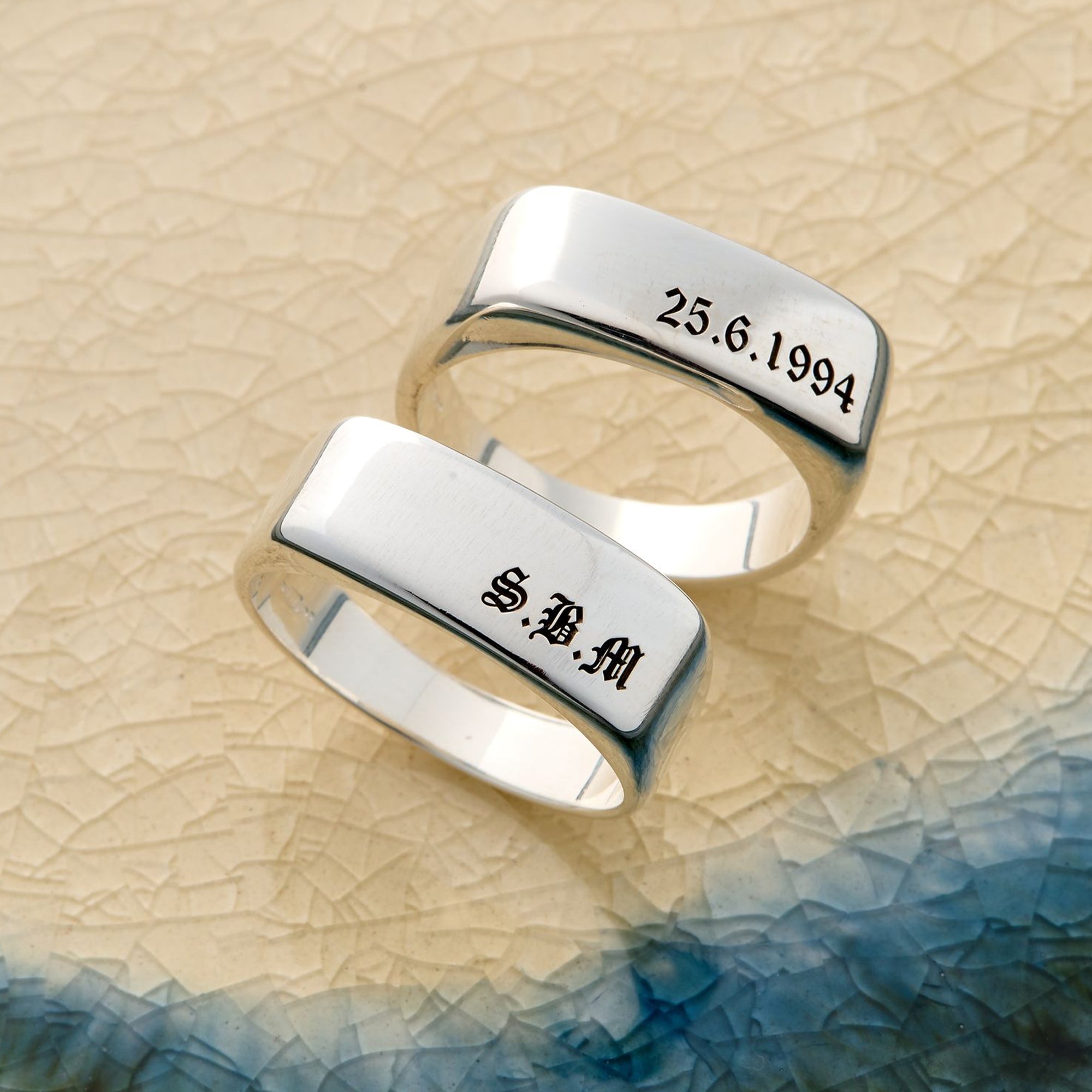 rectangle silver signet ring engraved with old english script initials gift for men