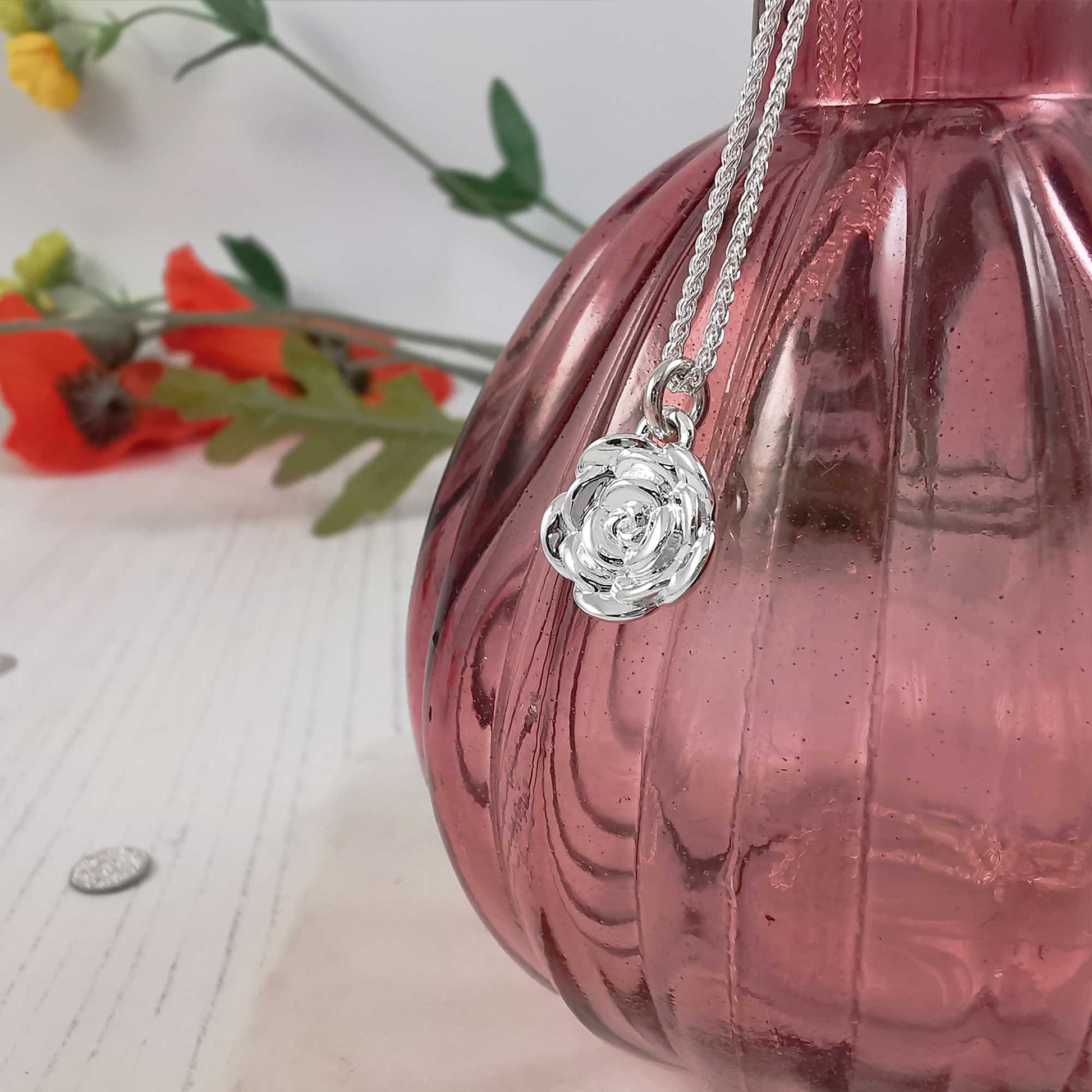 silver rose flower bracelet necklace pendant charm chelsea flower show Scarlett Jewellery