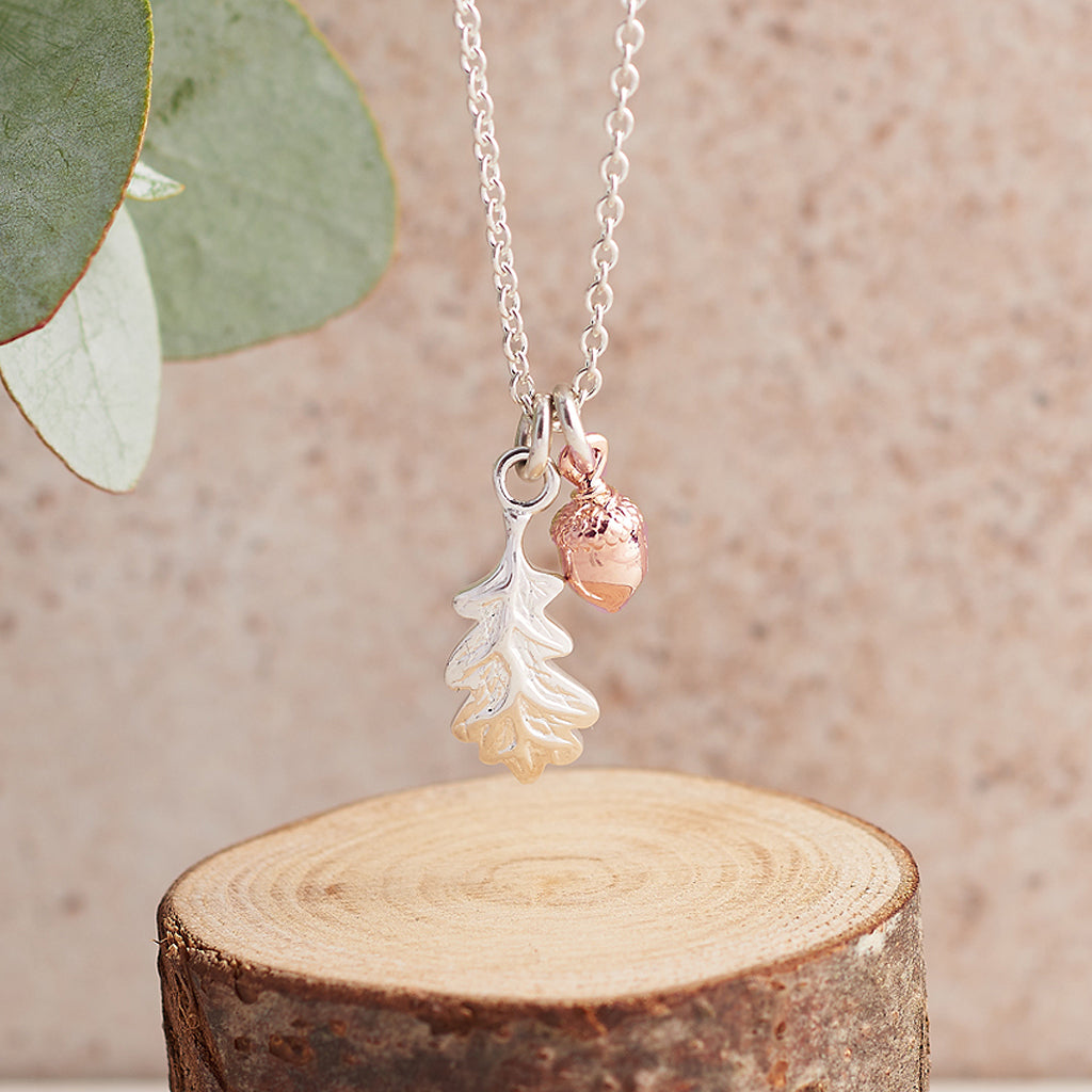Little Acorn and oak leaf Solid Silver and Rose Gold Tiny Necklace Designer Scarlett Jewellery