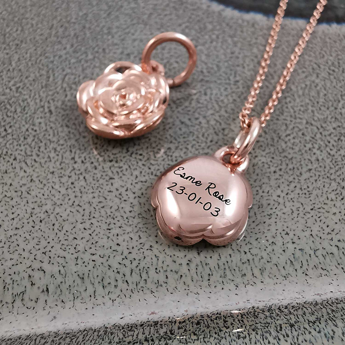 personalised solid rose gold flower charm necklace engraved name birthday
