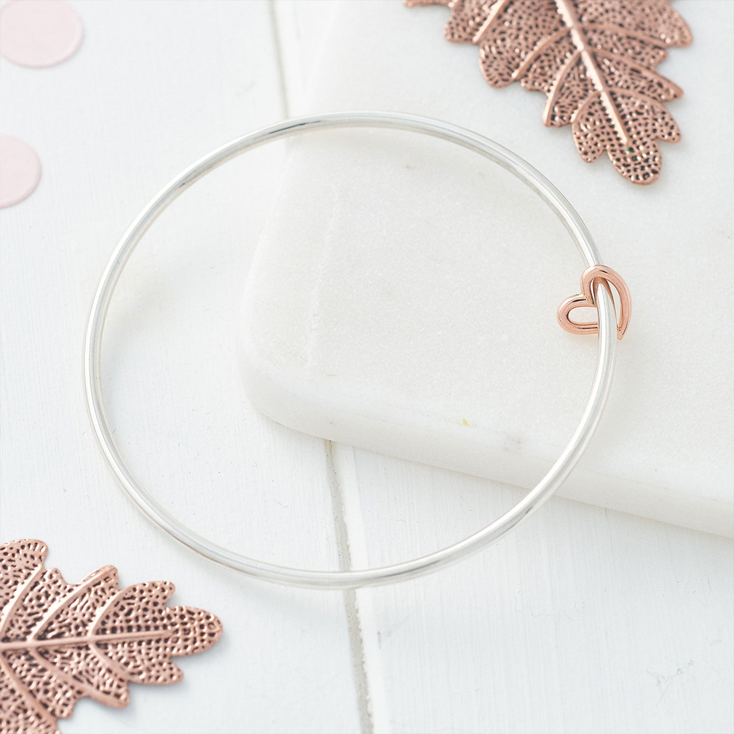 Solid silver and rose gold open heart charm bangle designer bracelet Scarlett Jewellery