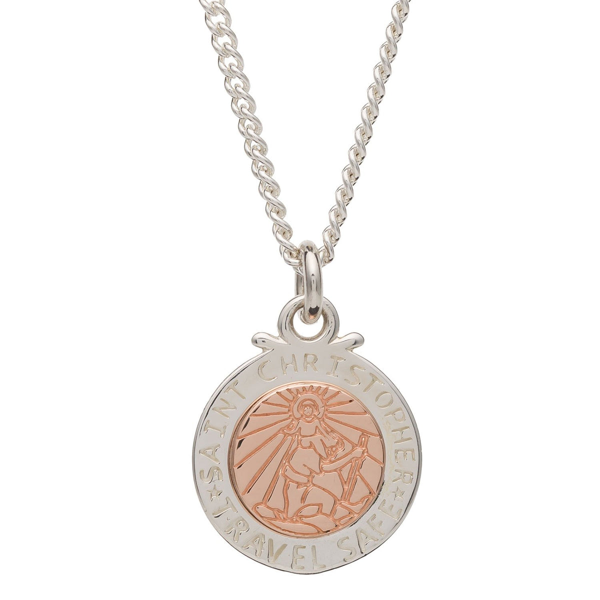 Off The Map St Christopher Silver &amp; Solid Rose Gold Necklace Travel Good Luck Gift For Women
