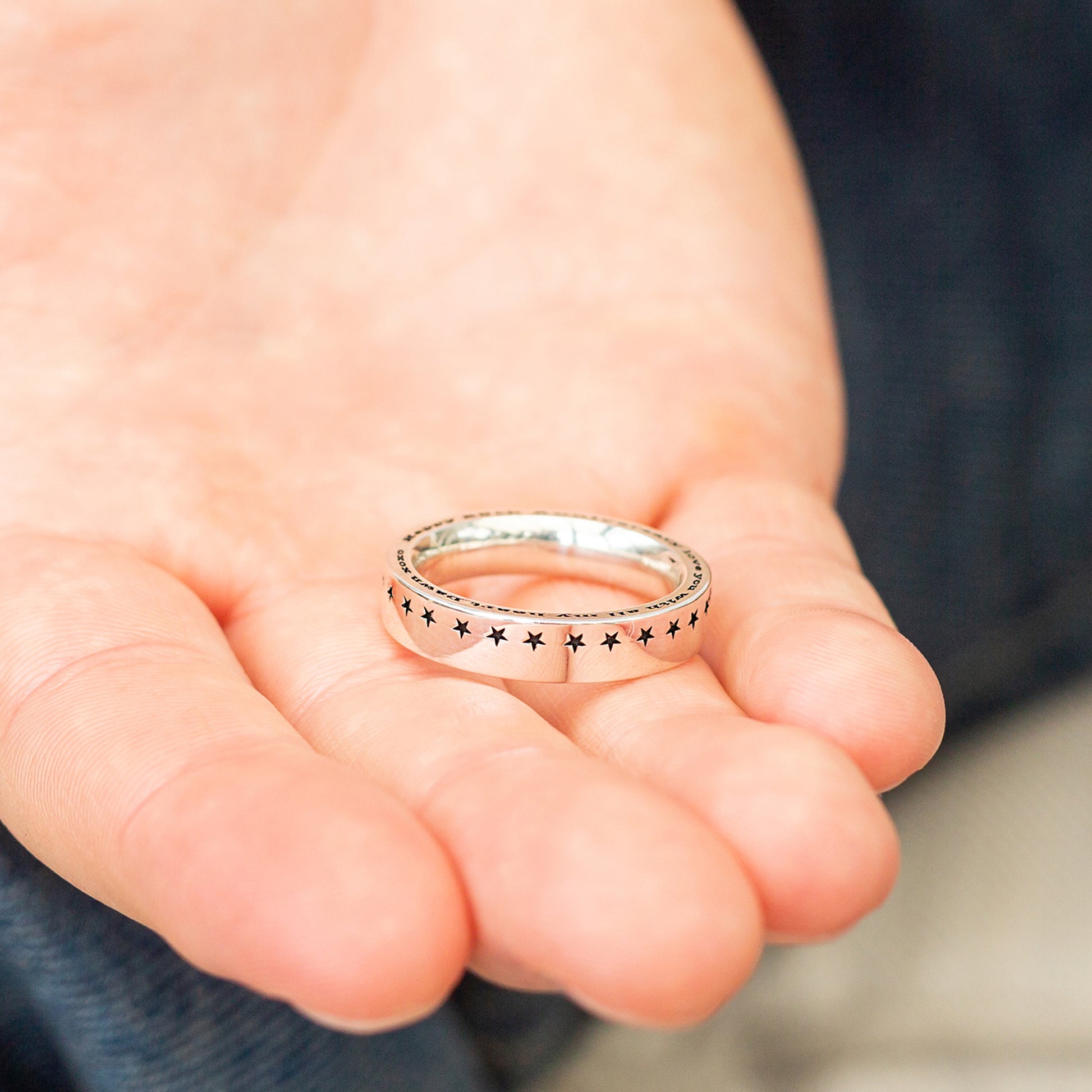 silver ring engraved round edge with stars for men or women scarlett jewellery UK