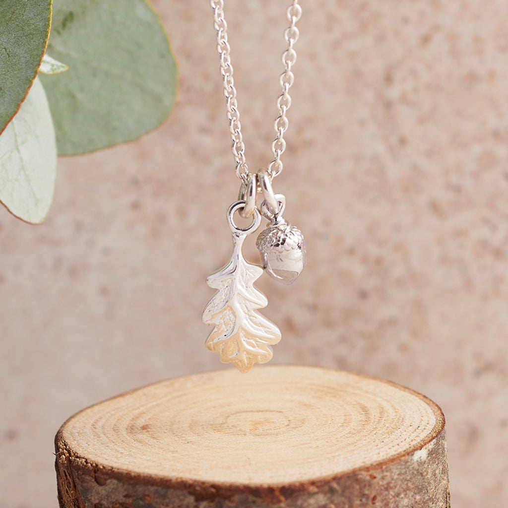 Little Acorn and oak leaf Solid Silver Tiny Necklace Designer Scarlett Jewellery