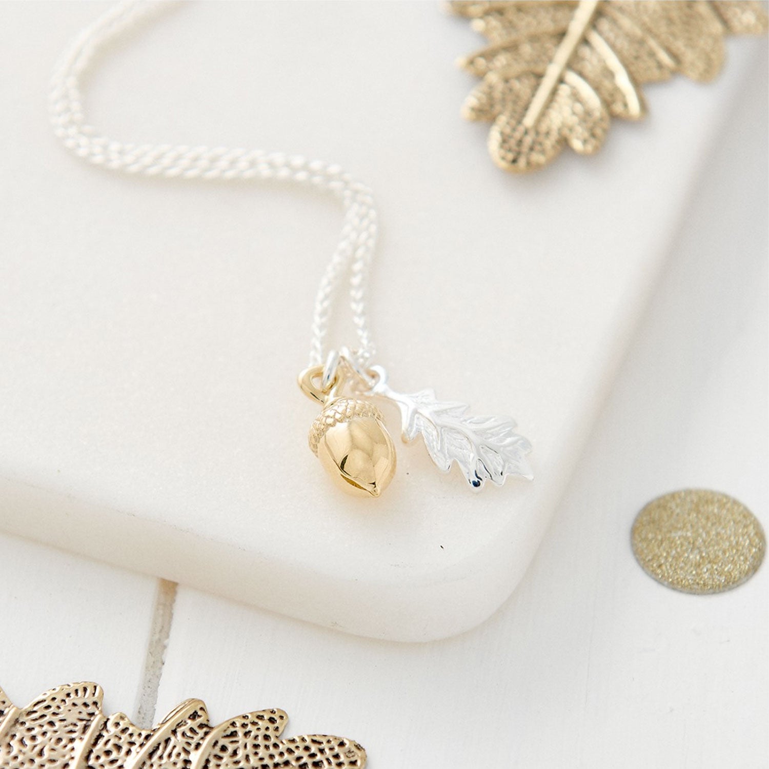 Solid Silver and Rose Gold Acorn Oak Leaf Necklace - Nature-inspired luxury jewelry, crafted with precision. Unique blend of solid silver and gold, a symbol of timeless beauty and craftsmanship