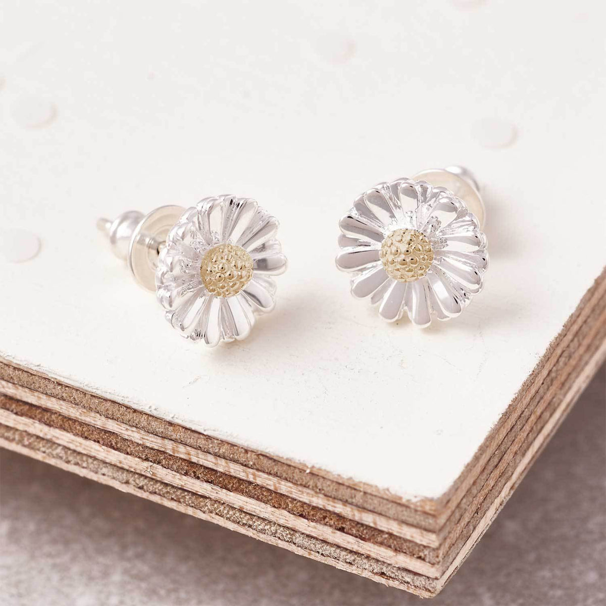 Daisy silver and solid gold centre stud earrings RHS Chelsea flower show Scarlett Jewellery