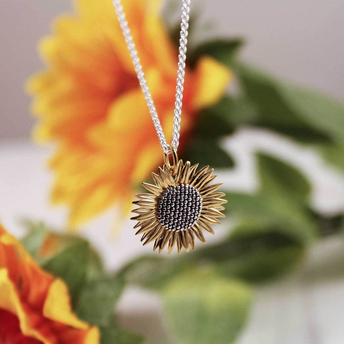 large sterling silver and gold plated sunflower pendant necklace scarlett jewellery uk