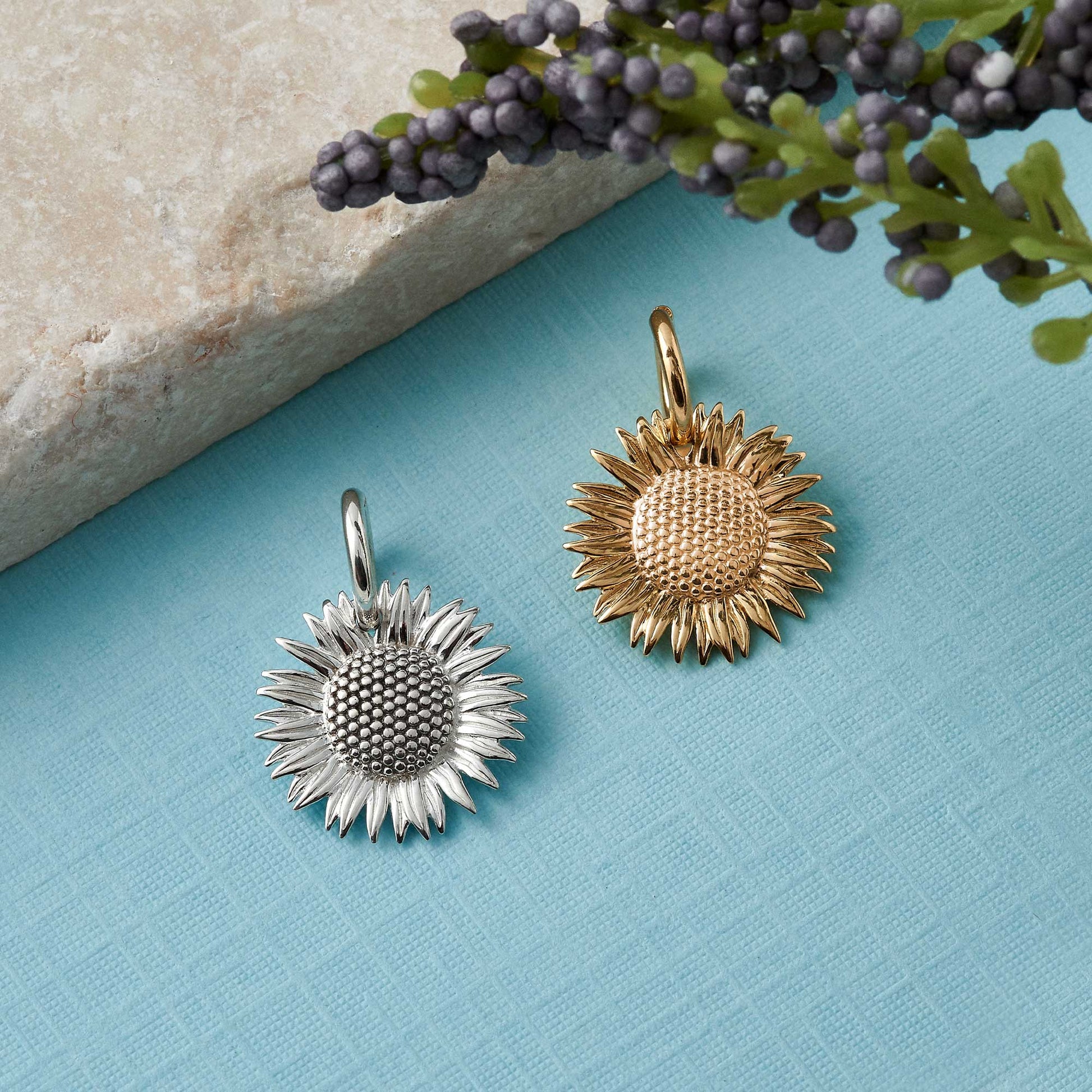 solid gold sunflower bracelet necklace charm 9 carat made in UK