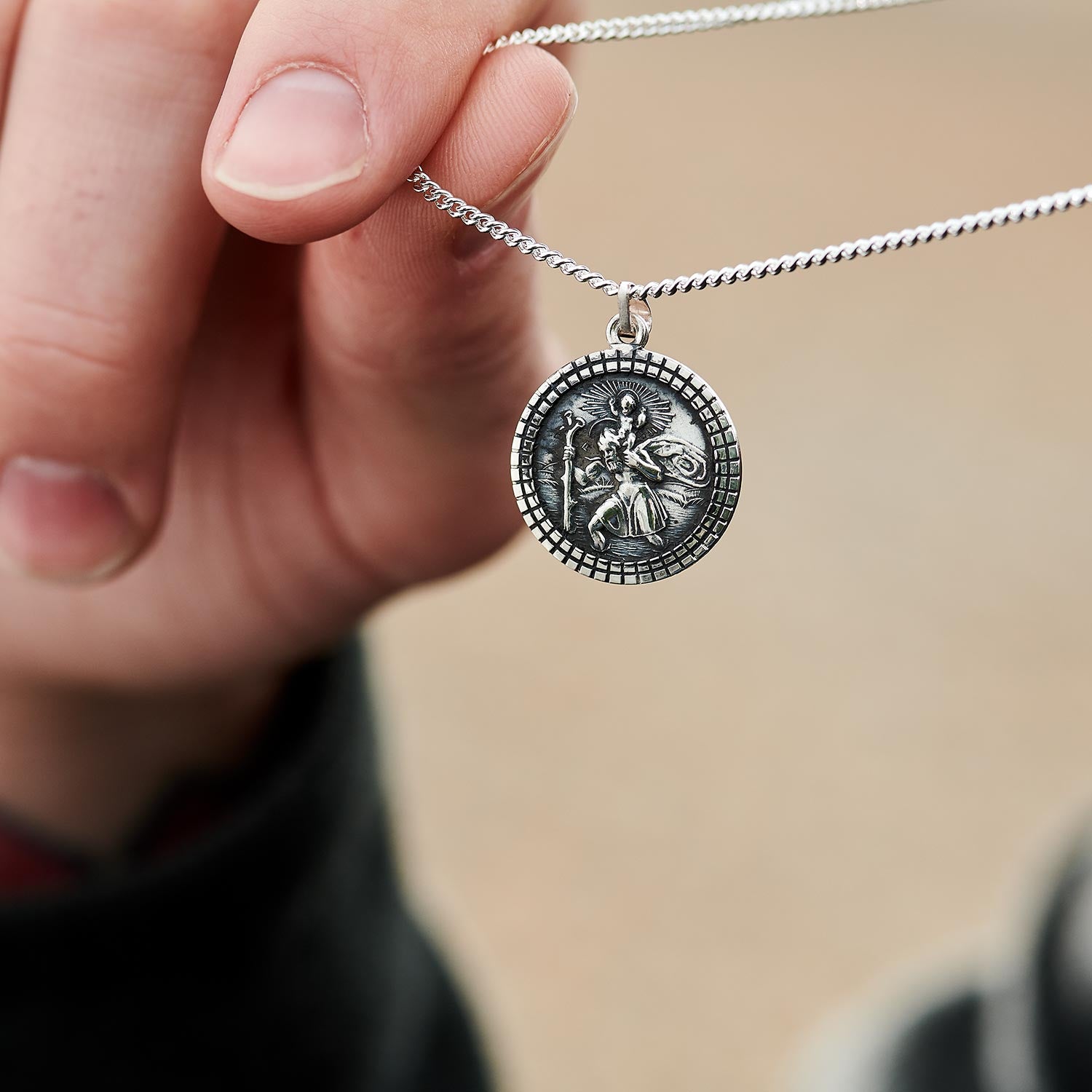 St Christopher Mosaic Border Silver Necklace - Mens & Ladies Silver Saint Christopher Pendant