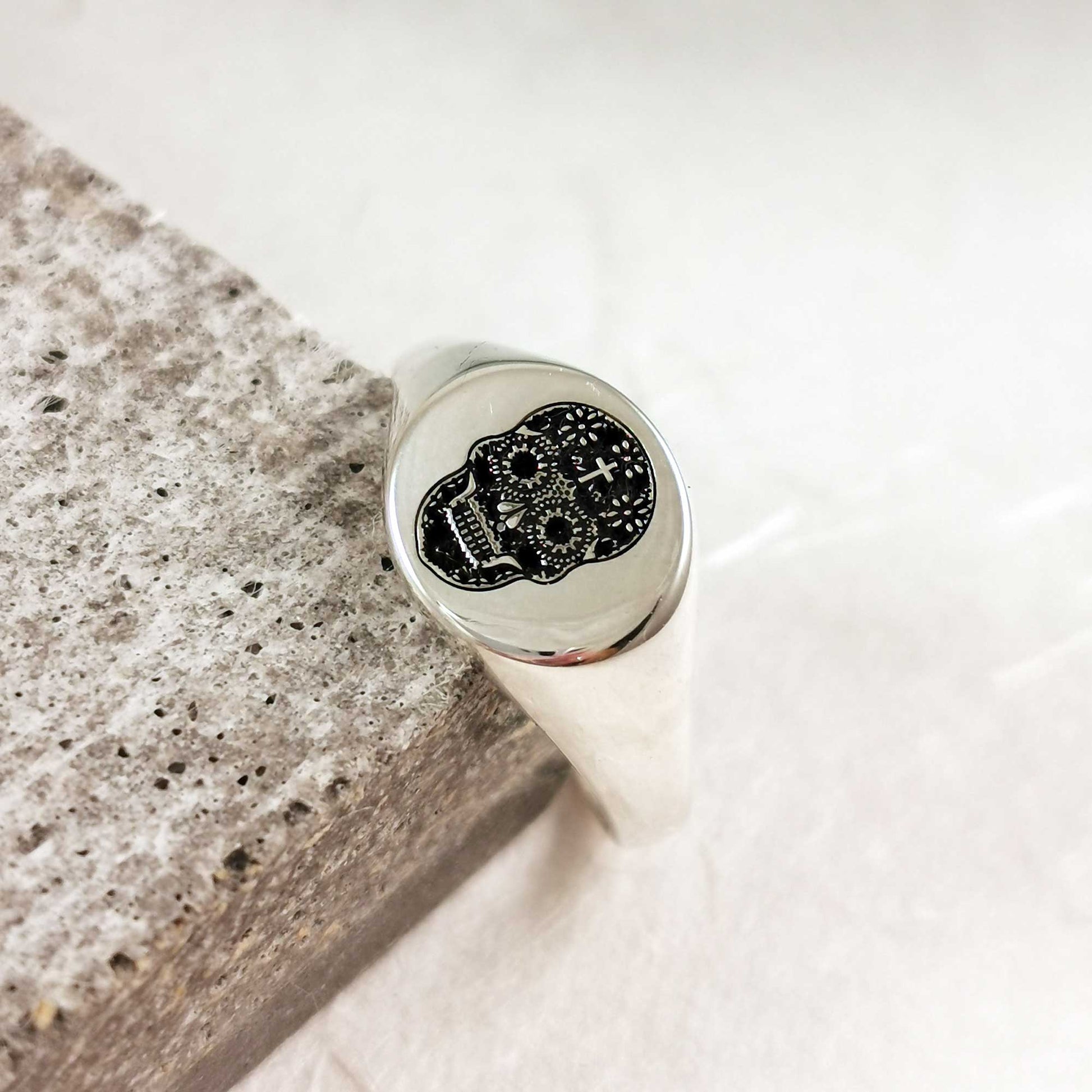 mens sugar skull signet ring solid silver