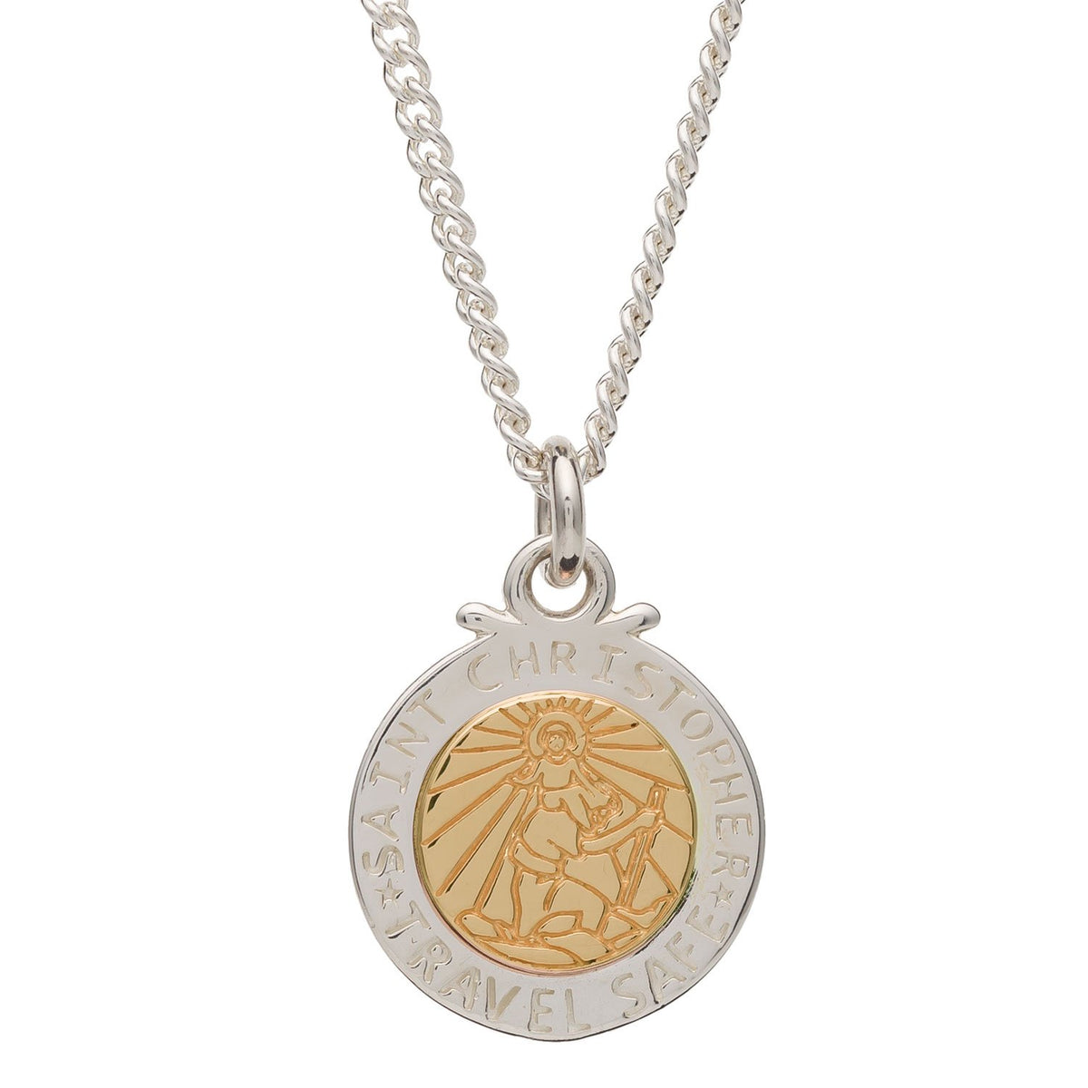 Off The Map St Christopher Silver &amp; Solid Gold Necklace - engraved travel safe Saint Christopher