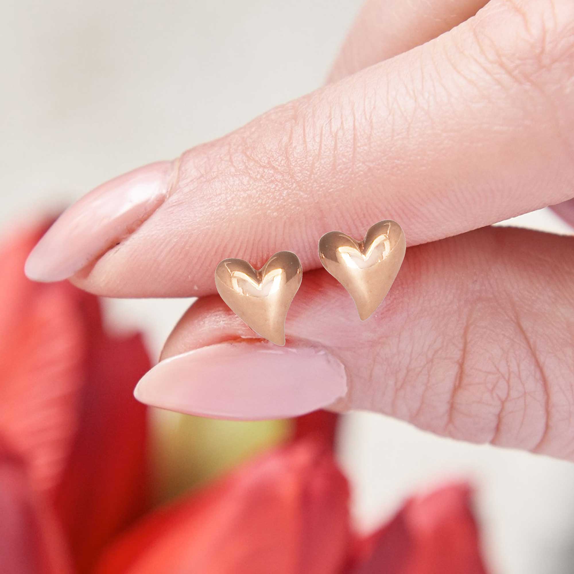 9 carat solid rose gold heart stud earrings for pierced ears Scarlett Jewellery