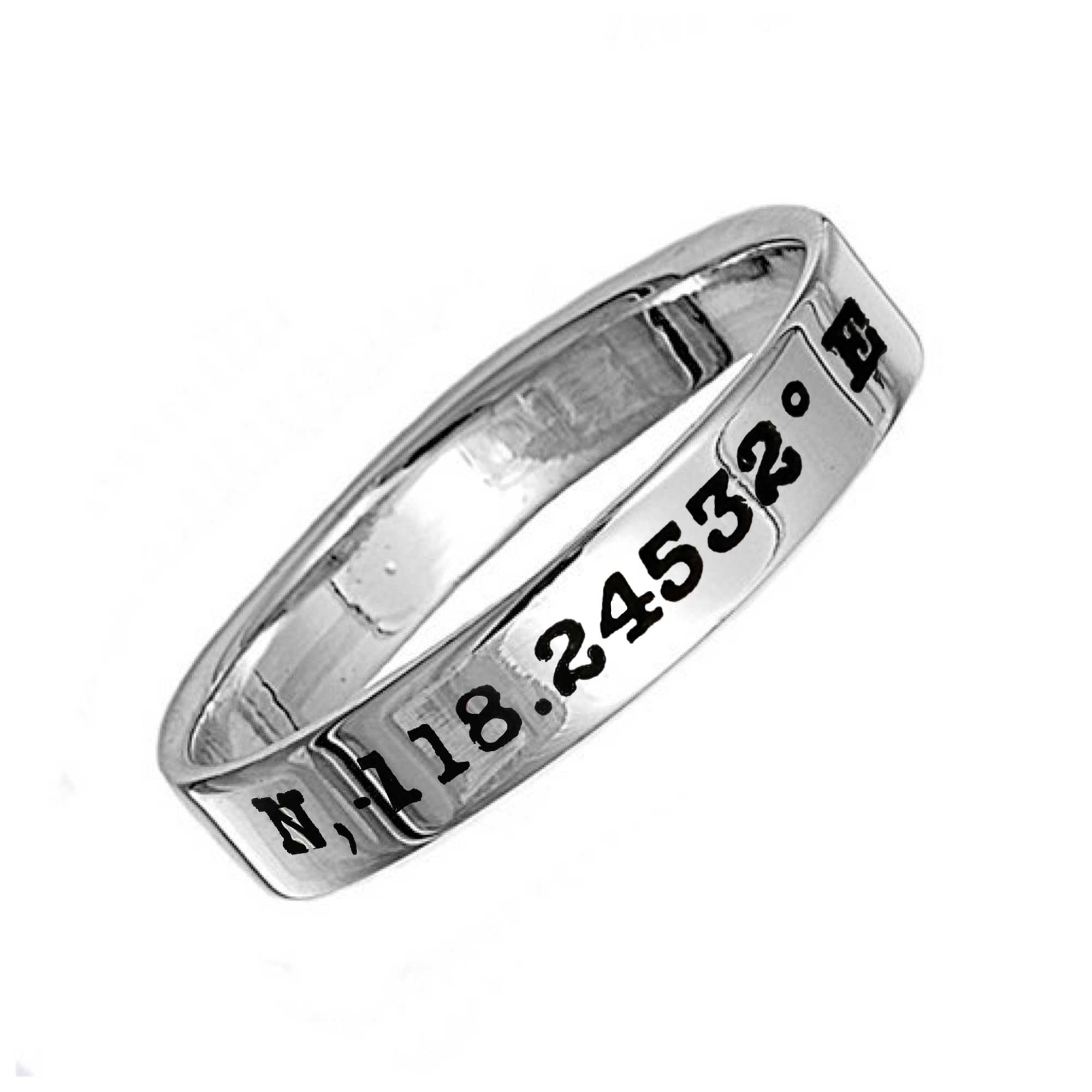 skinny sterling silver band ring engraved coordinates latitude longitude custom destination