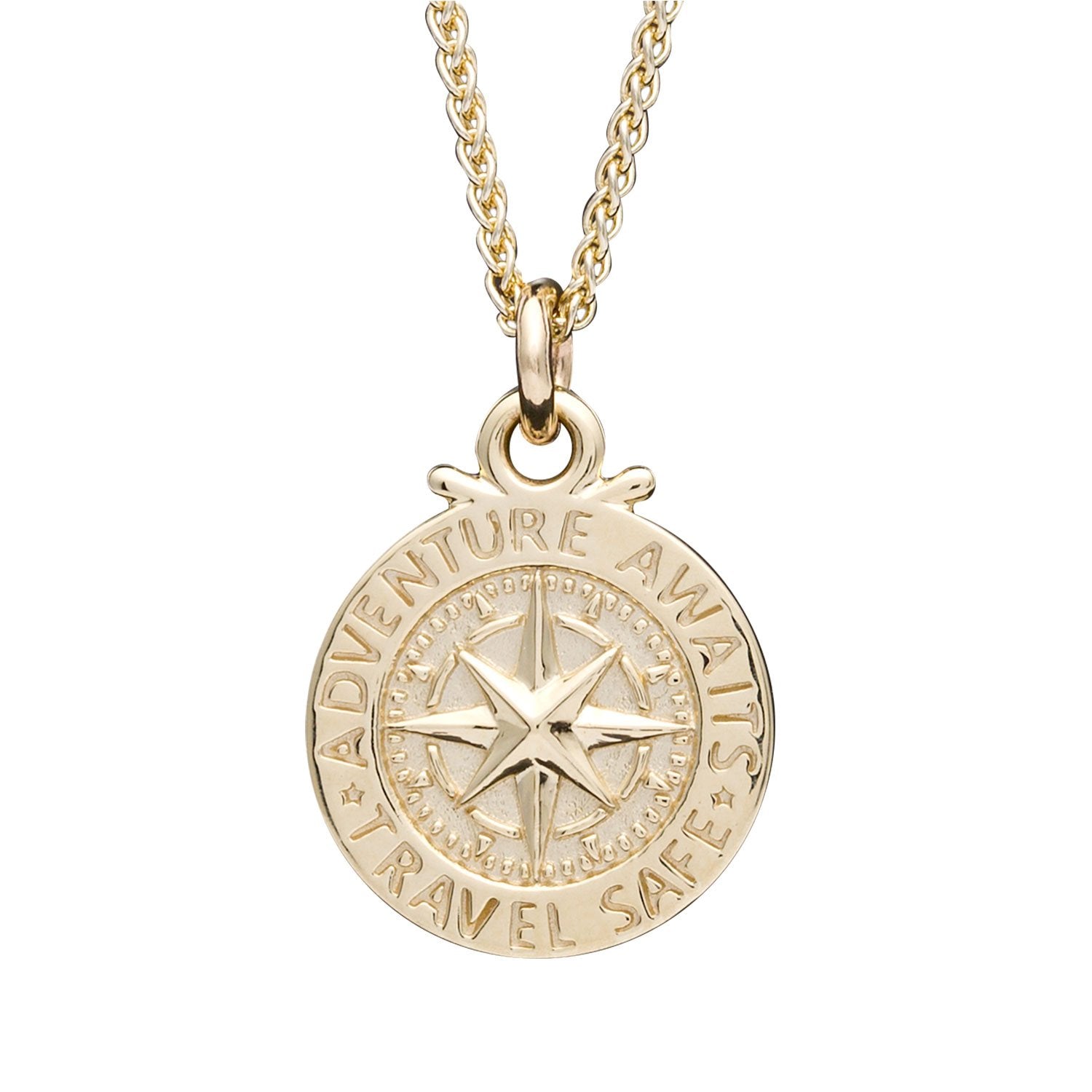 Solid gold womens st Christopher compass necklace Travel Safe Off The Map Jewellery