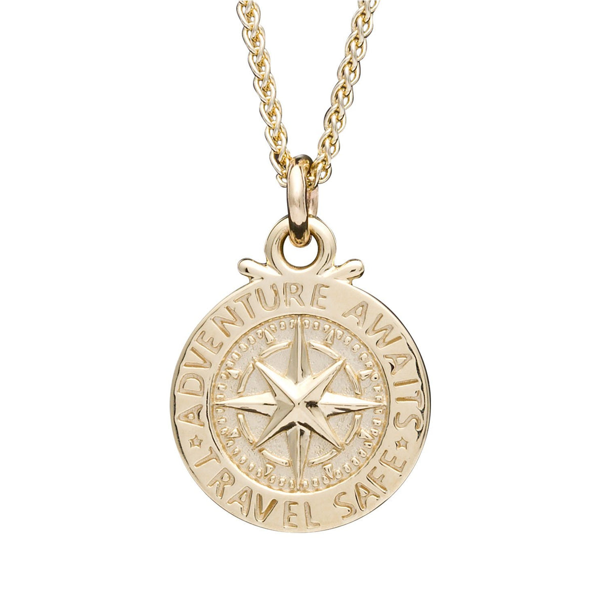 Solid gold womens st Christopher compass necklace Travel Safe Off The Map Jewellery