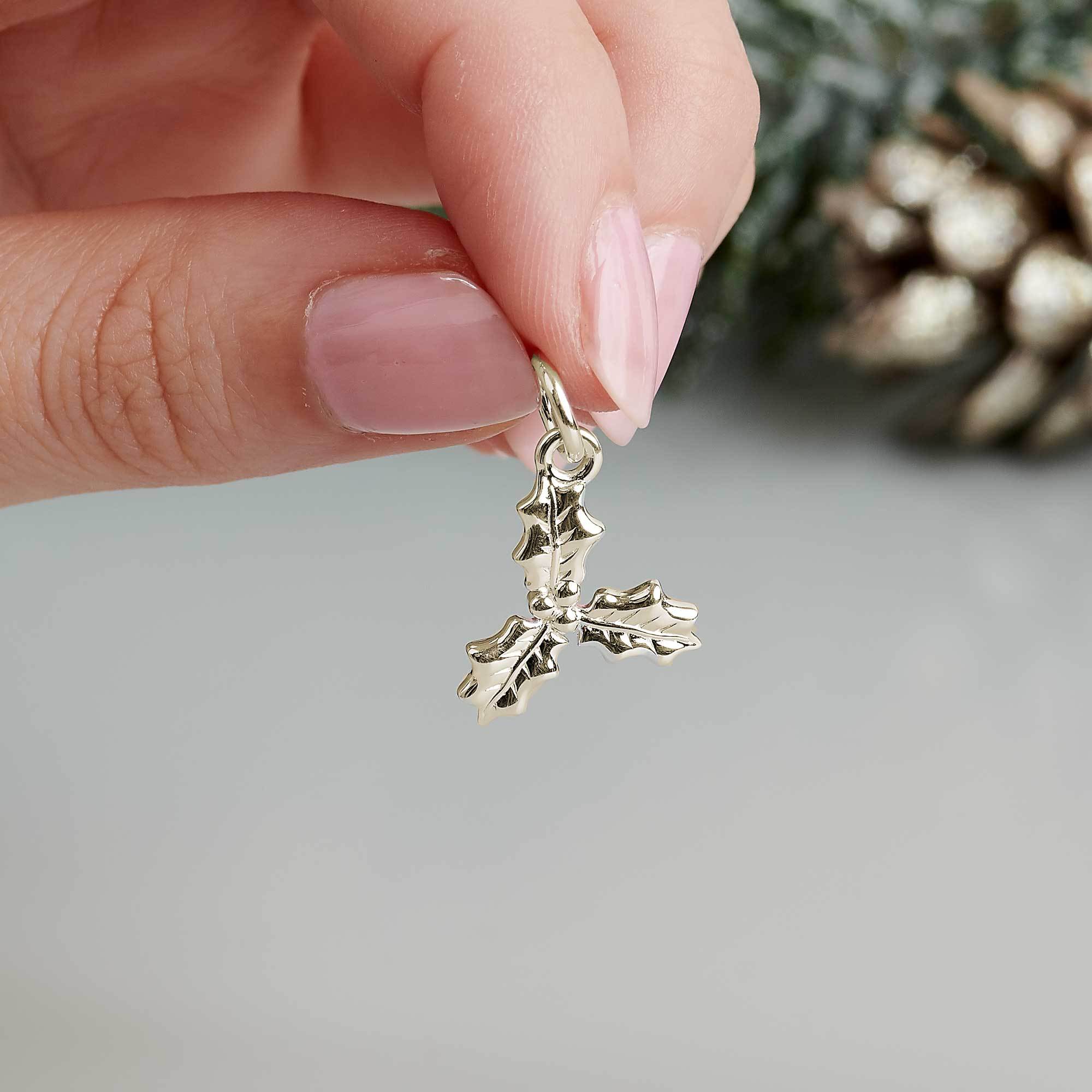 solid gold holly leaf wreath charm necklace bracelet gift for new baby called holly naming new mum christmas present