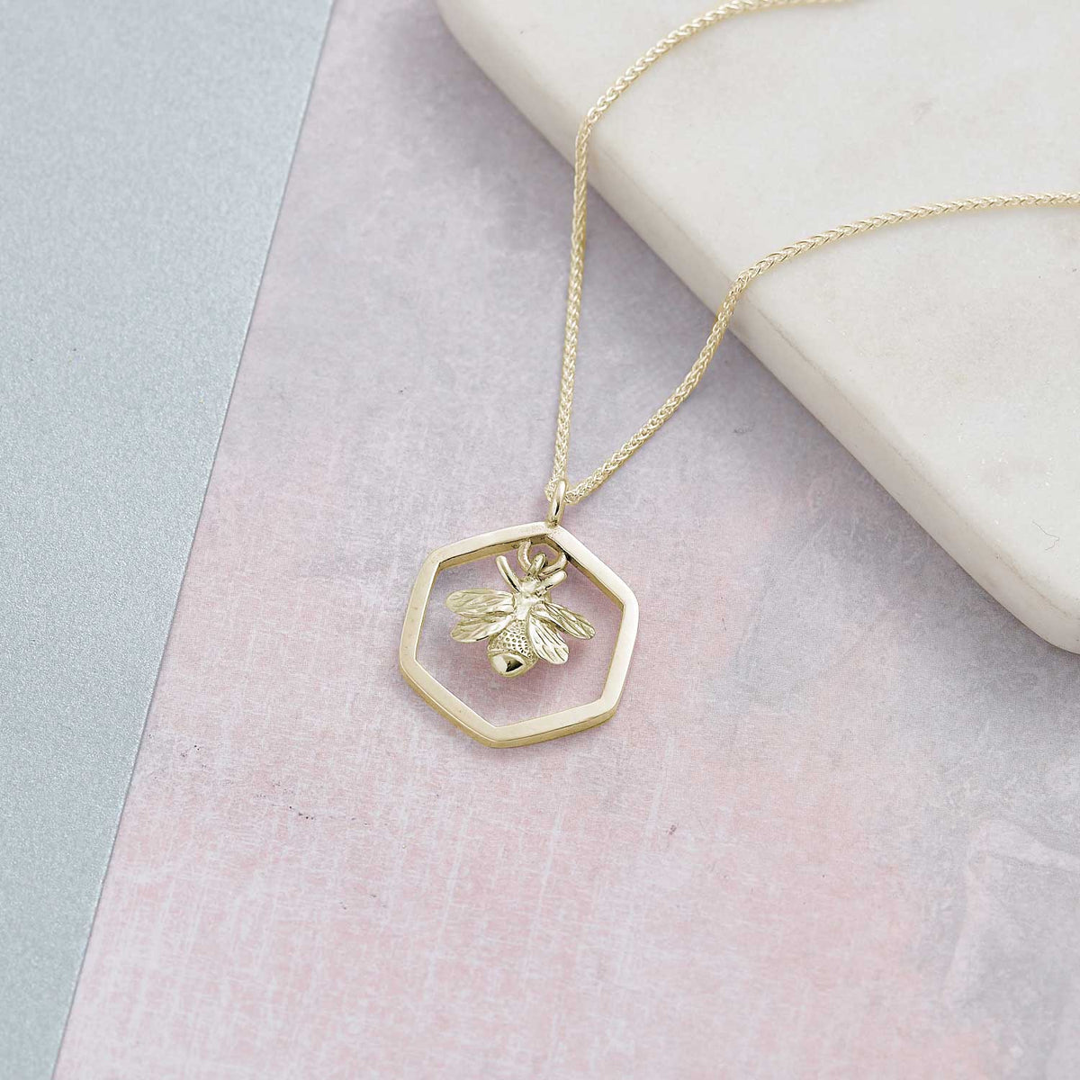 Solid gold honeybee honeycomb hexagon necklace pendant scarlett jewellery brighton