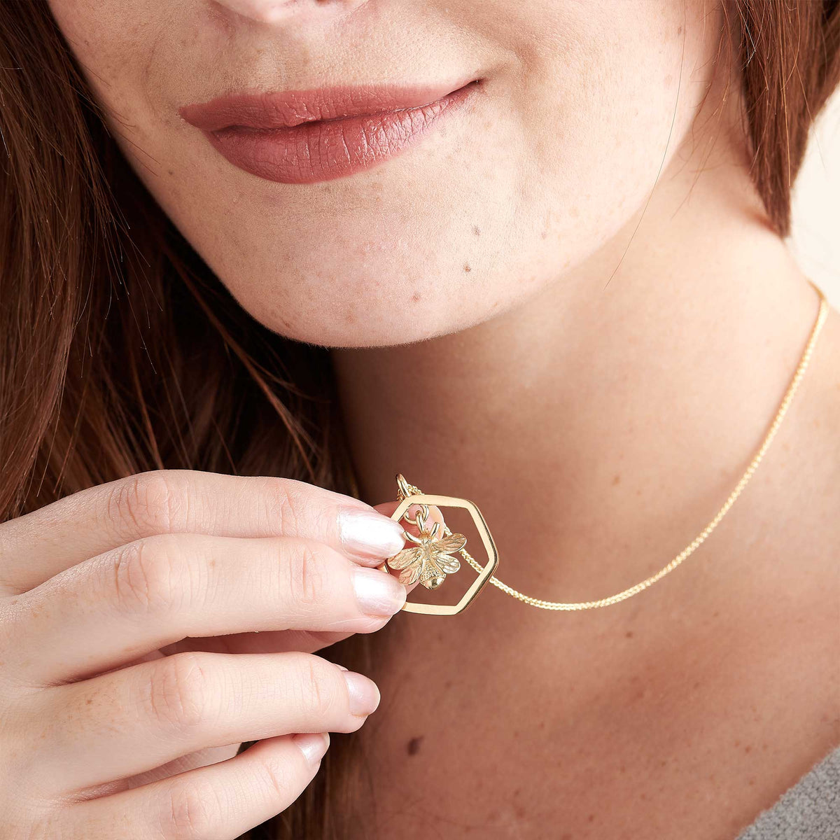 Solid gold honeybee honeycomb hexagon necklace pendant scarlett jewellery brighton