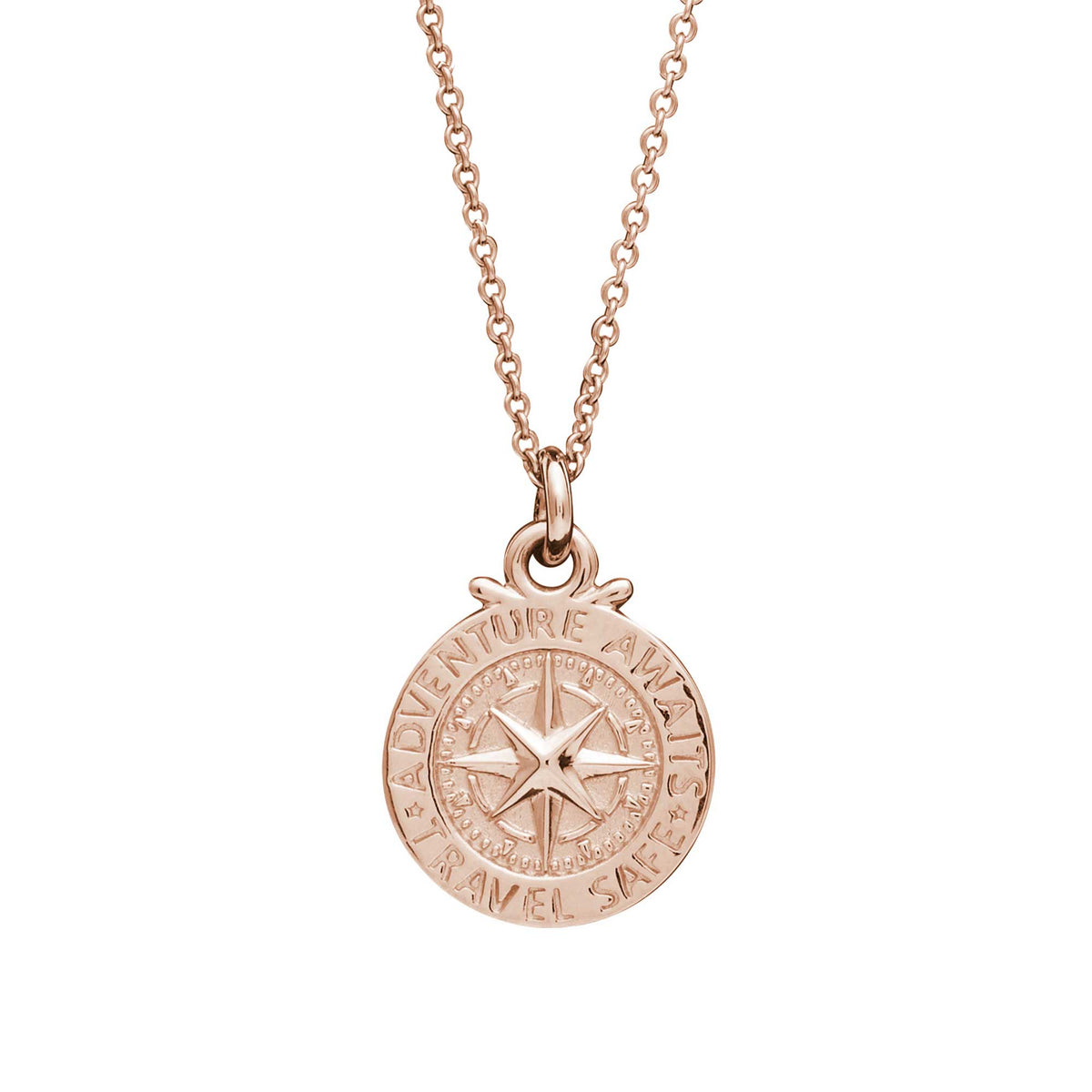 Solid rose gold compass non religious saint christopher alternative by Off The Map Jewellery