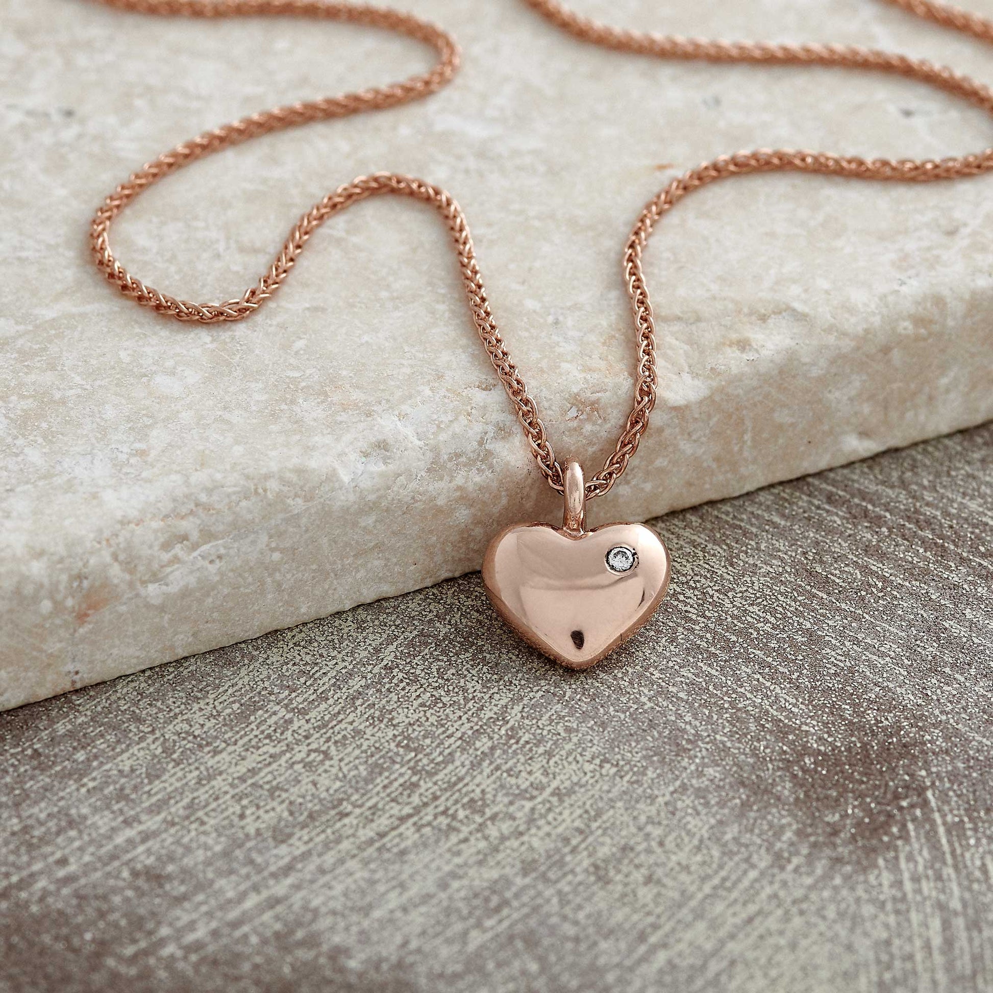 solid rose gold heart necklace with single diamond scarlett jewelery brighton uk