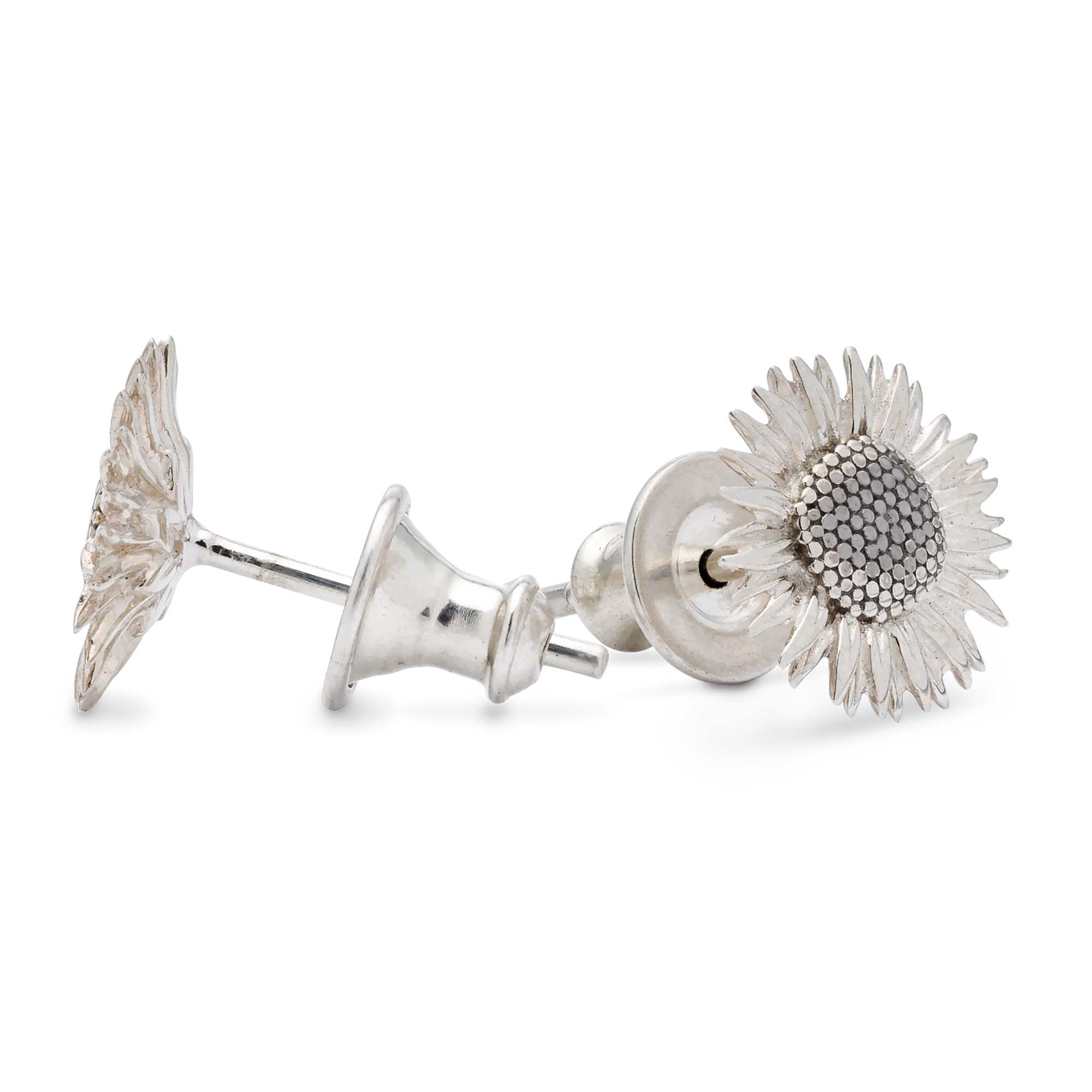 solid sterling silver sunflower stud earrings as seen at RhS Chelsea Flower Show Scarlett Jewellery