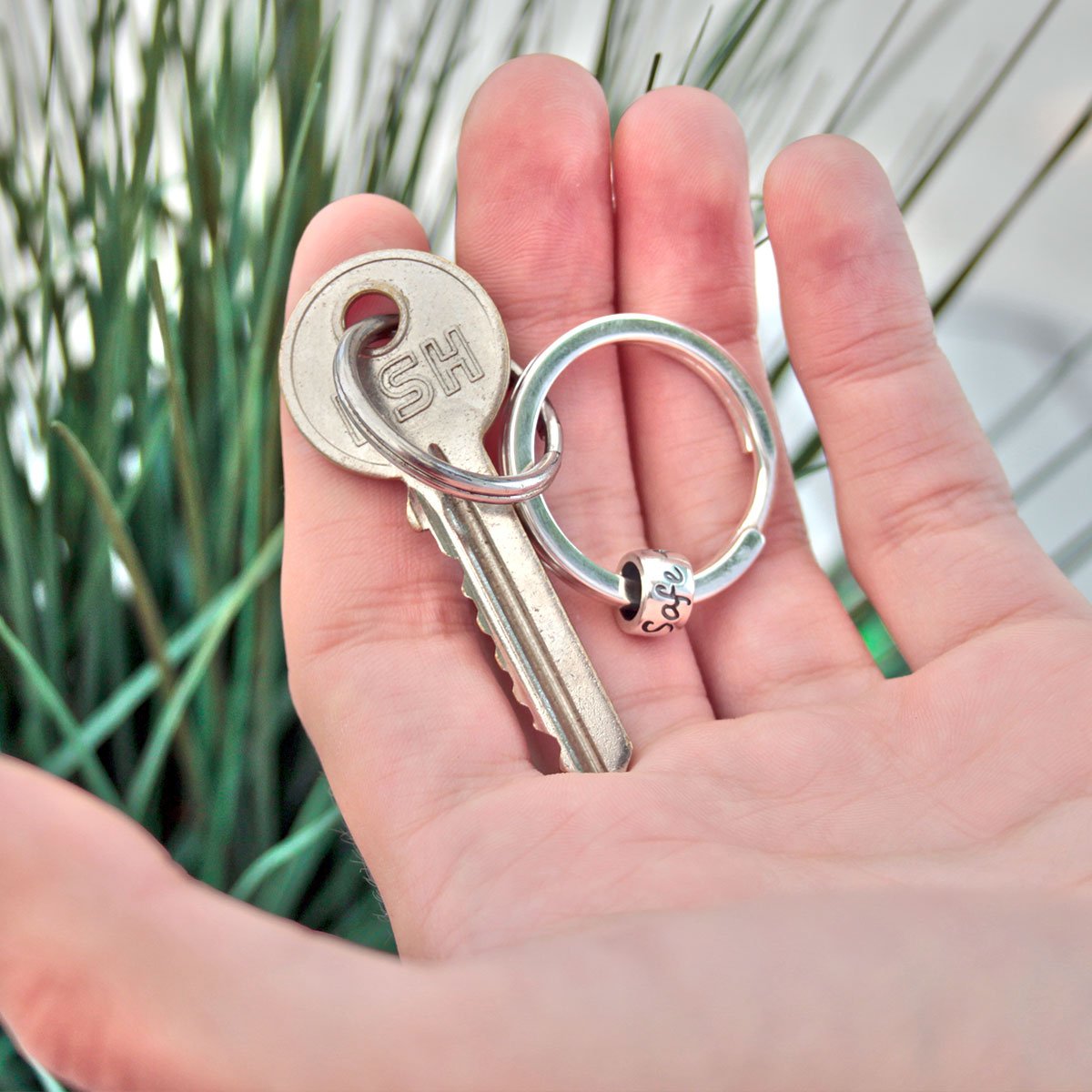 Solid silver Travel Safe chunky keyring, unusual travel gift for men