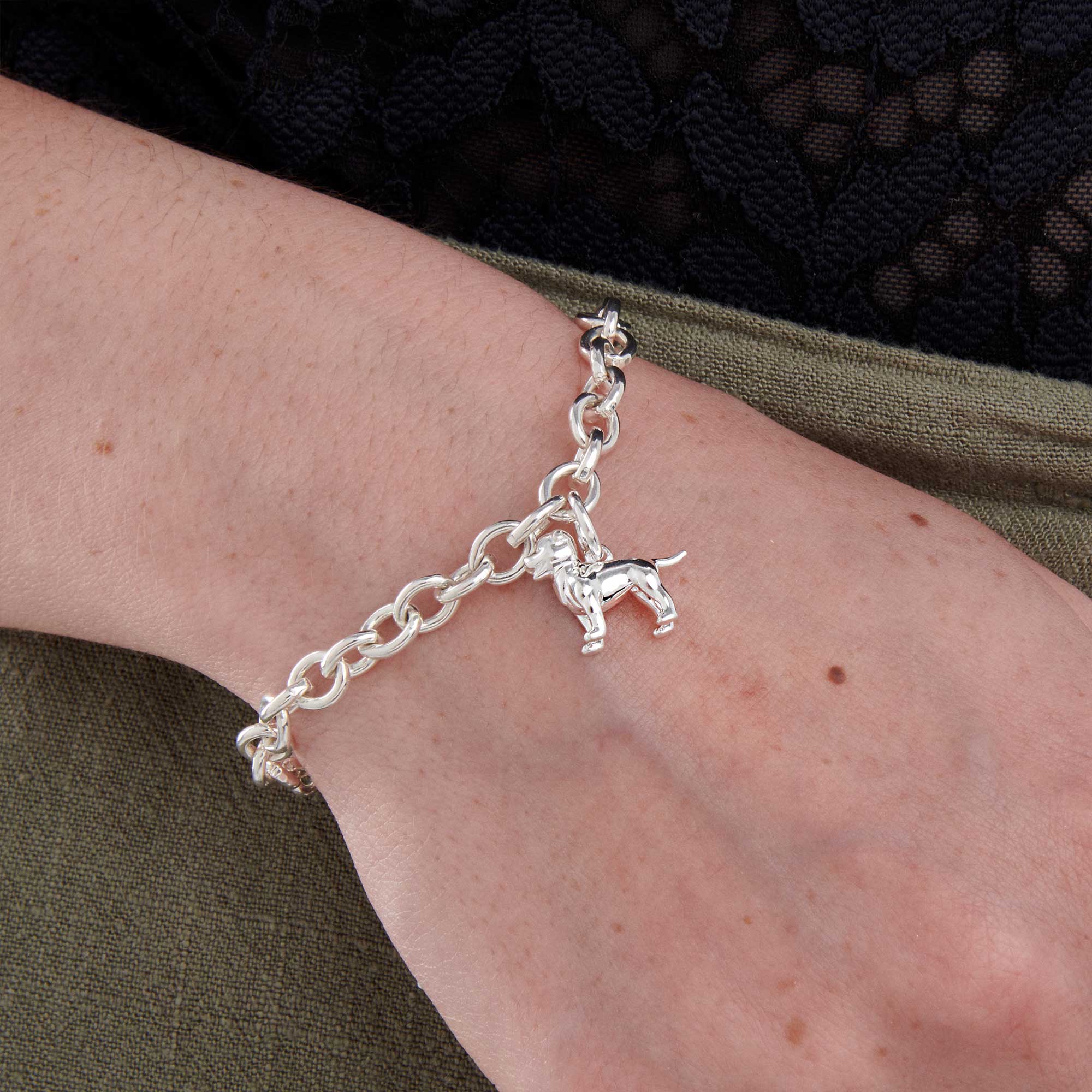 staffy dog charm on silver charm bracelet scarlett jewellery
