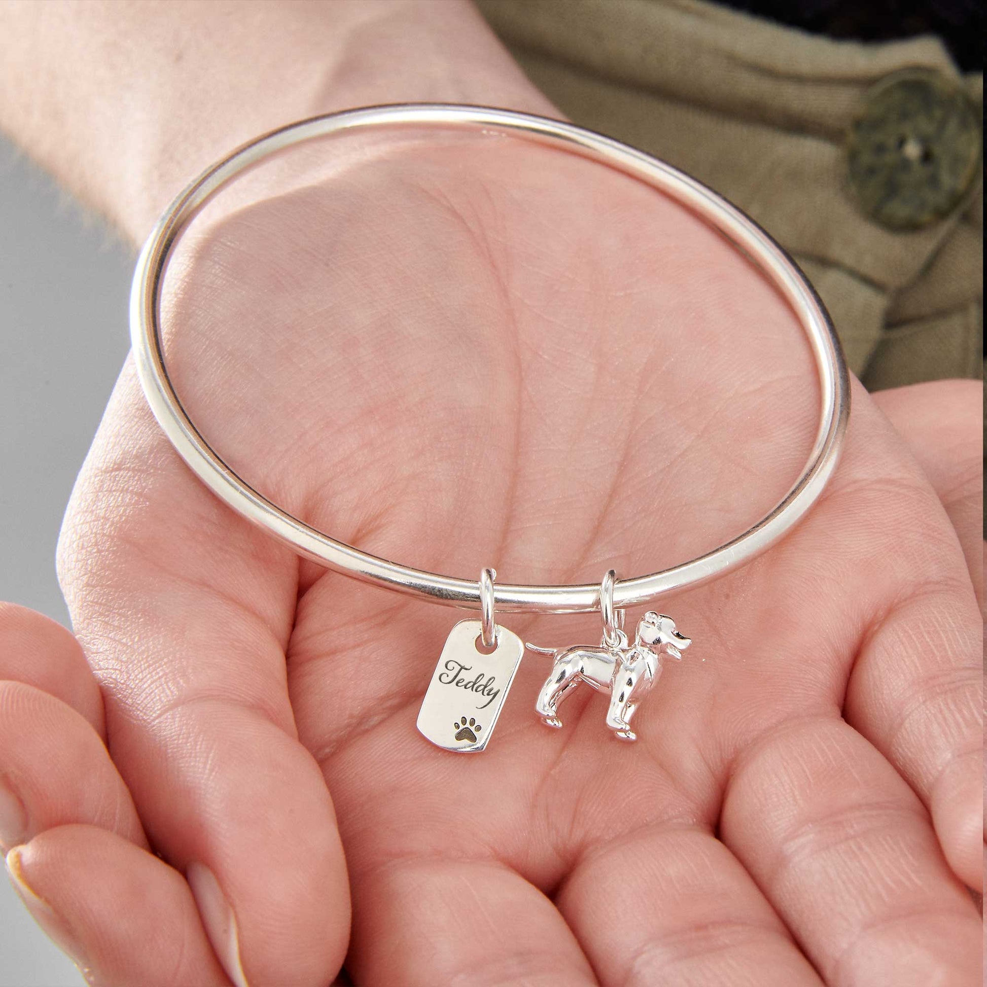 staffordshire bull terrier jewellery gift silver charm bangle with personalised engraved dog tag scarlett jewellery