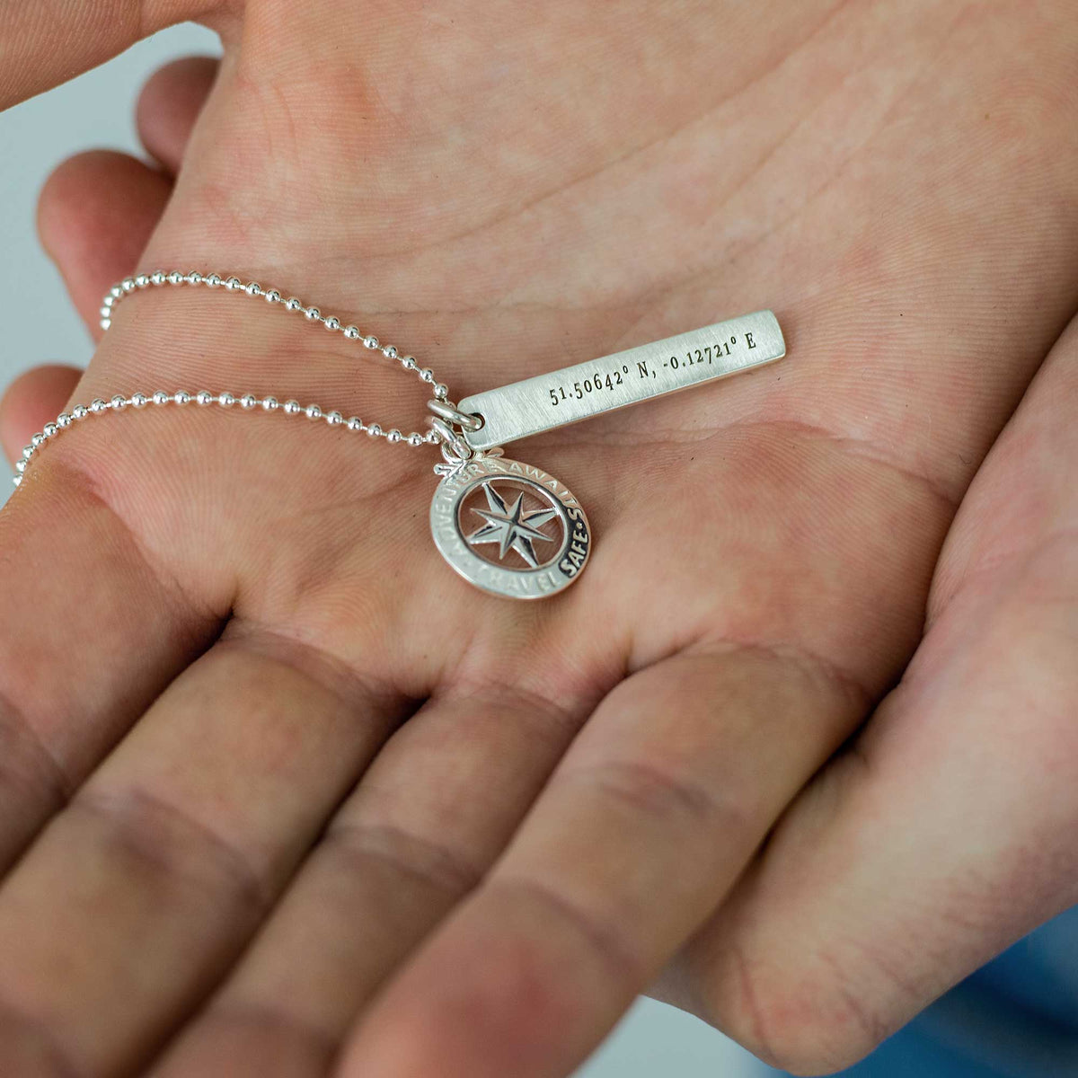 travel safe latitude longitude coordinates silver engraved personalized necklace