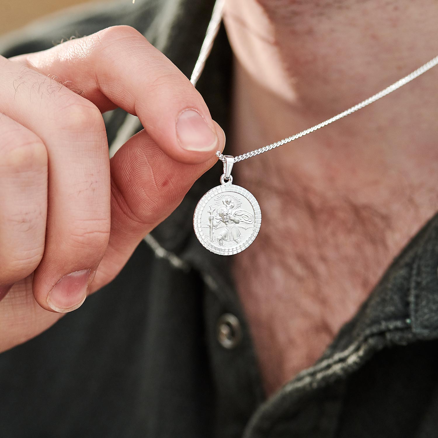 St Christopher Mosaic Border Silver Necklace - Mens & Ladies Silver Saint Christopher Pendant