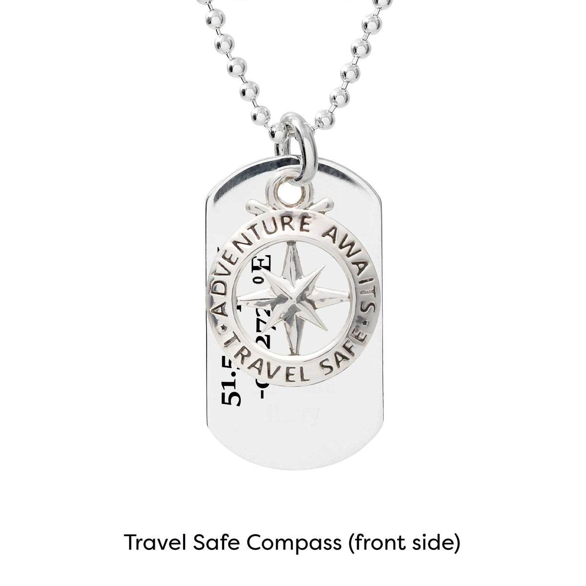 travel safe dog tag mens necklace with coordinates latitude longitude engraved pendant