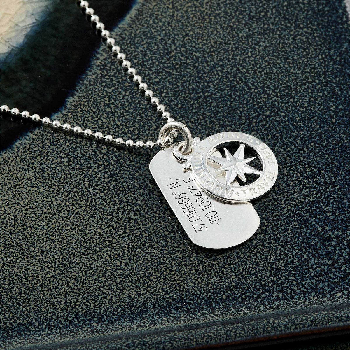 travel safe dog tag mens necklace with engraved custom coordinates latitude longitude engraved pendant