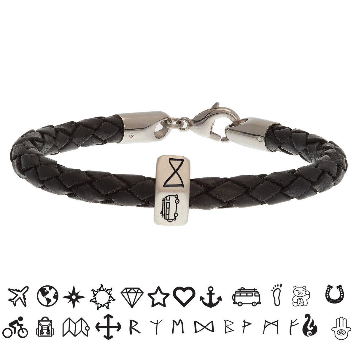 Personalised Travel Symbols Silver and Leather Bracelet