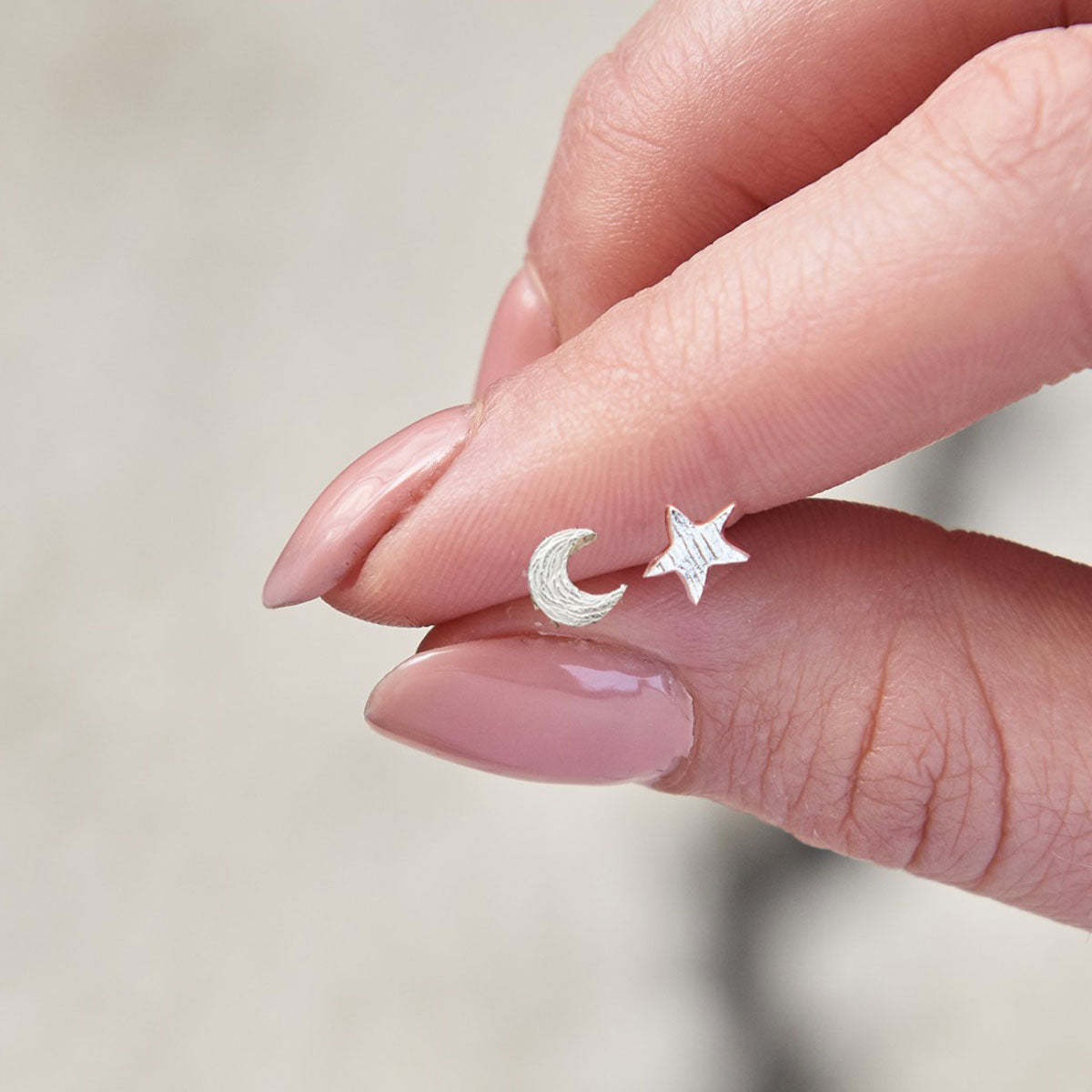 Solid 925 sterling silver mismatched moon and star stud earrings designer Scarlett Jewellery