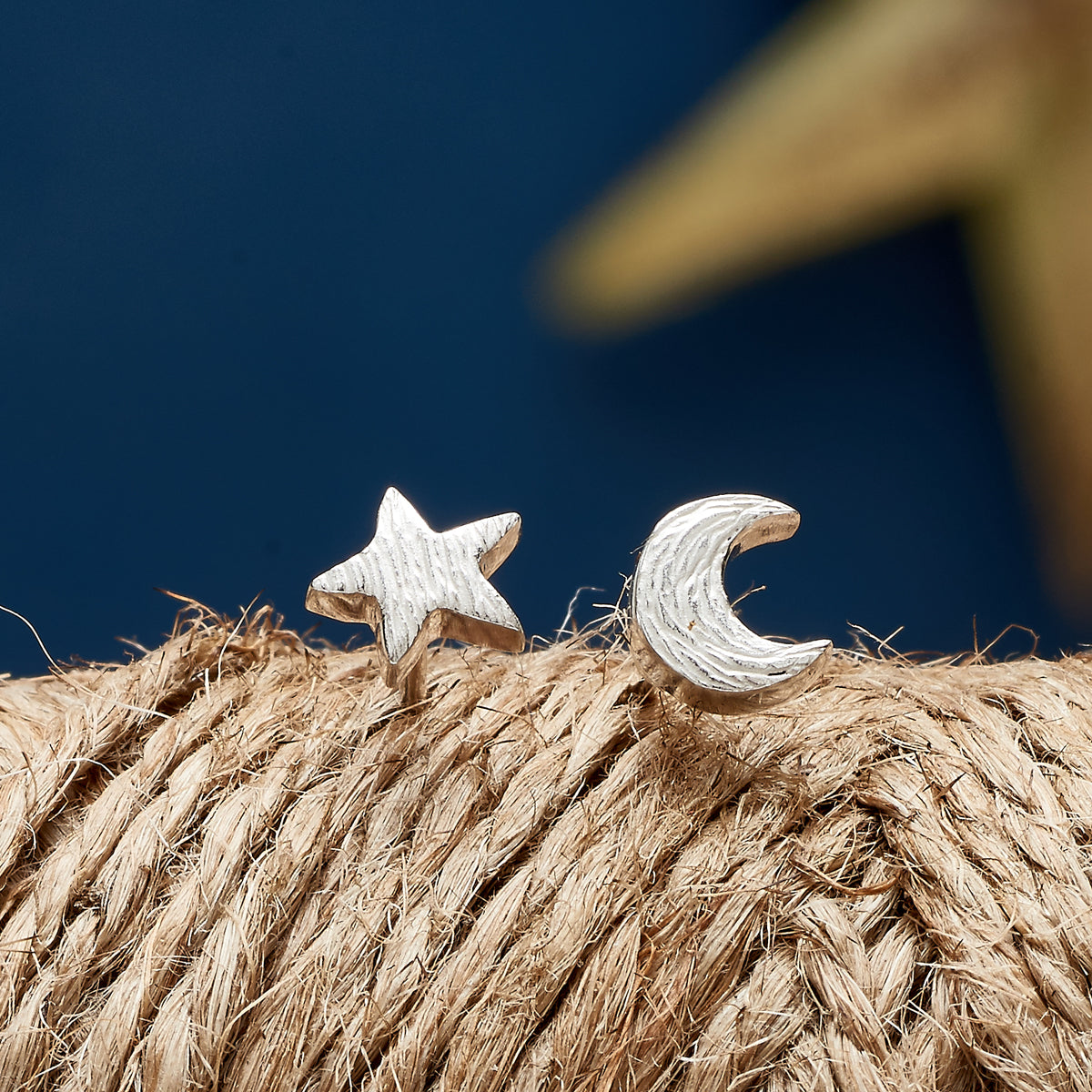 Solid 925 sterling silver mismatched moon and star stud earrings designer Scarlett Jewellery