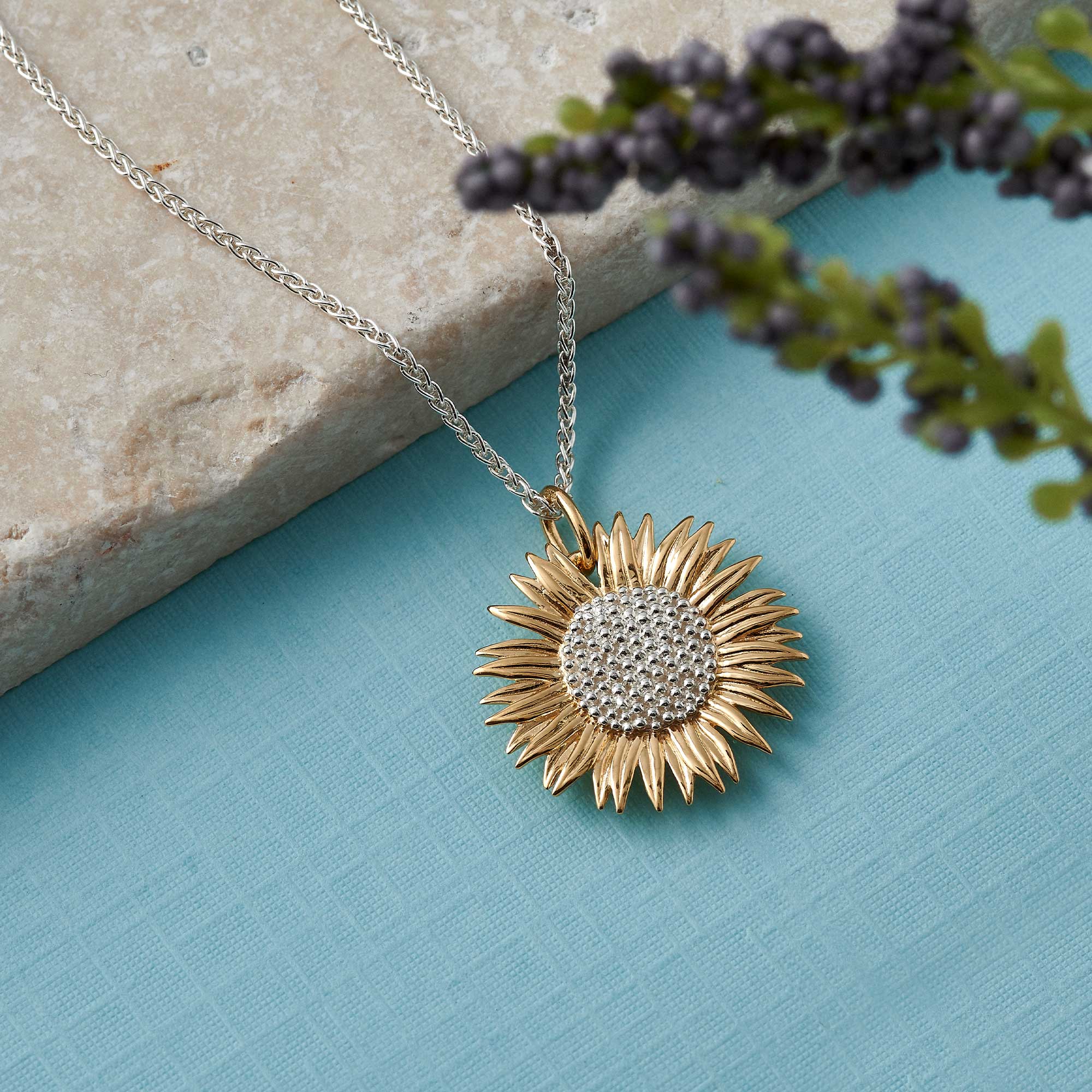 gold vermeil 18k sunflower pendant necklace jewellery made in uk