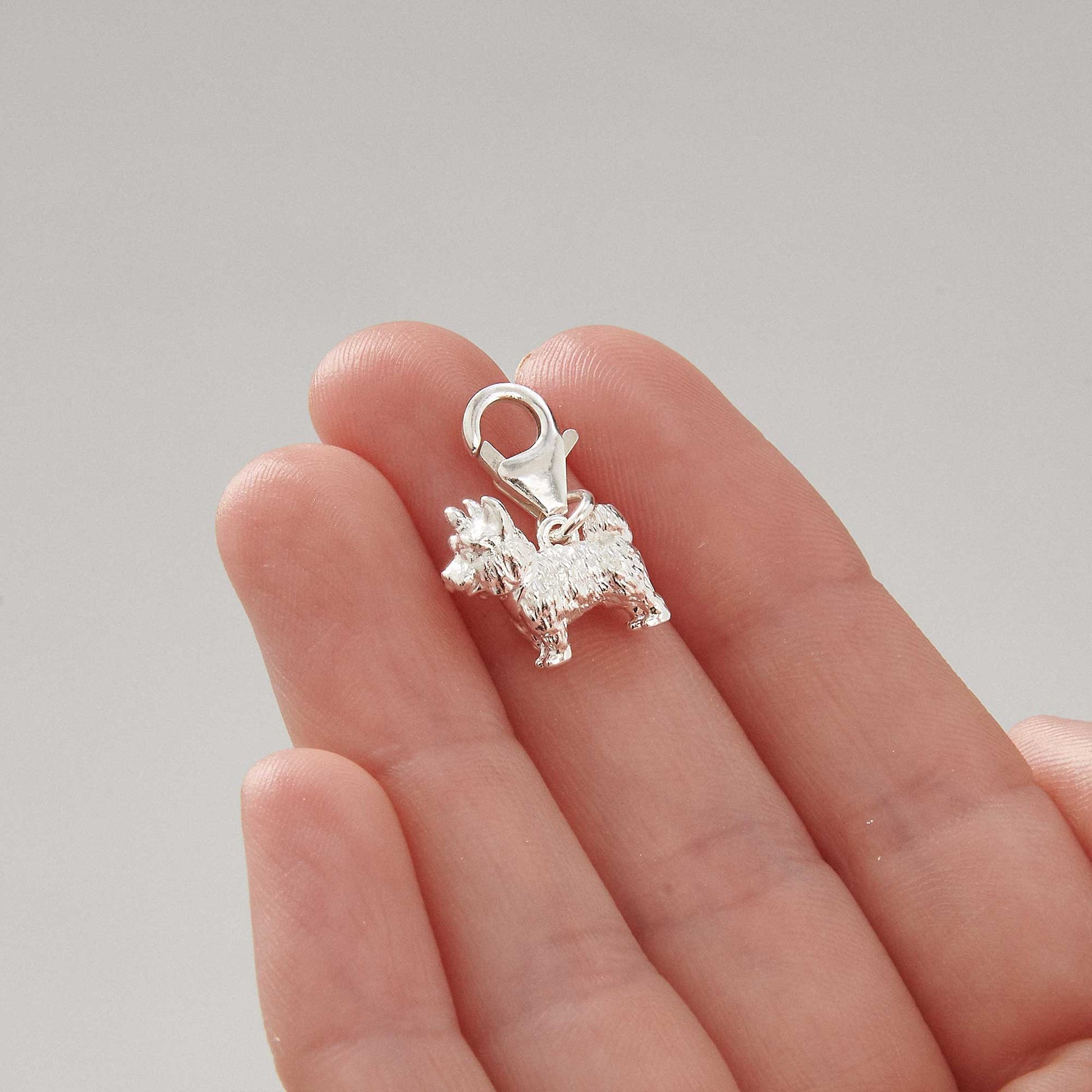Yorkshire Terrier dog breed solid sterling silver dog charm with clip on clasp Scarlett Jewellery Ltd